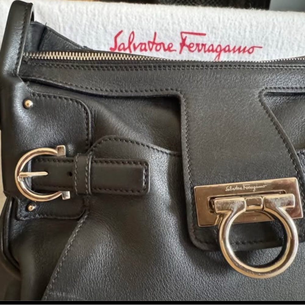 Salvatore Ferragamo Black Shoulder Bag with Gancini Buckle